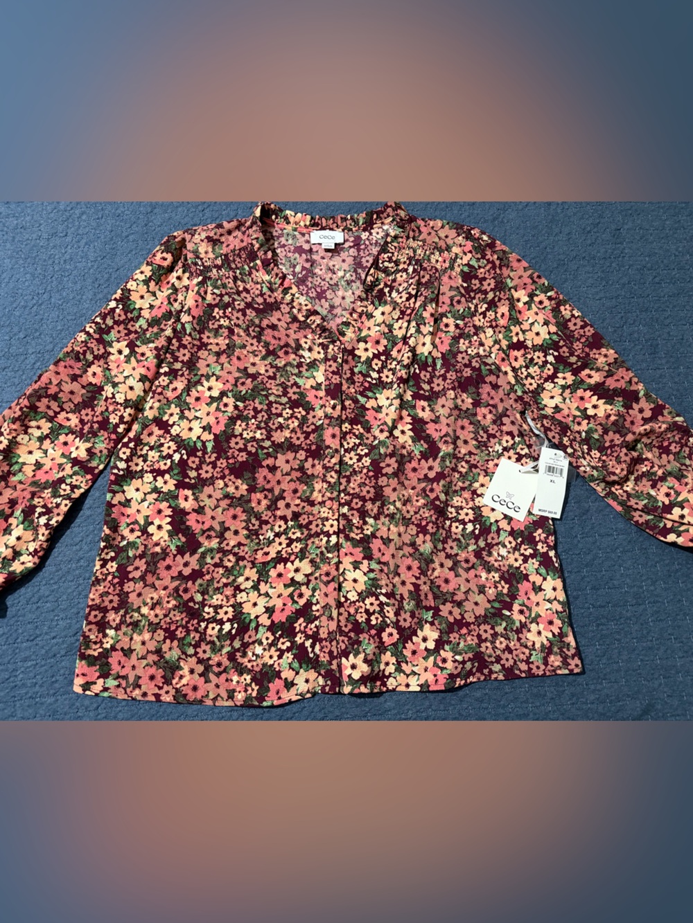 CeCe Floral Button-Down Shirt in Burgundy, Pink, and Green